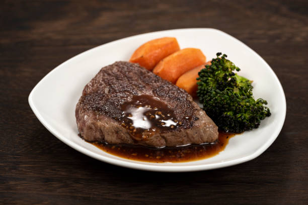 istock Beef steak on a plate, Wagyu beef 1144918015