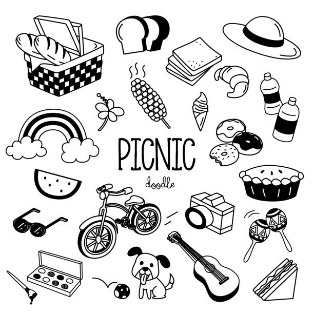 style rysowania ręcznego przedmioty piknikowe. piknik doodle. - bread food basket sweet bun stock illustrations