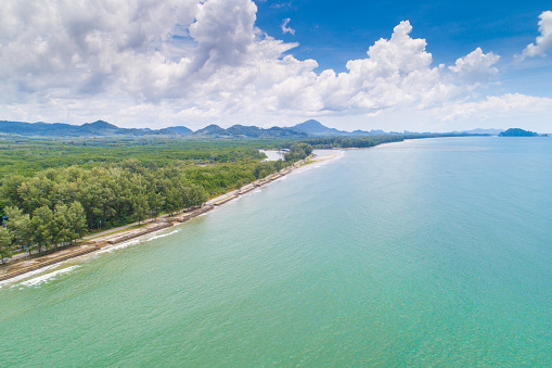 Aerial view wide shot beautiful landscape sunset tropical beach sea in south thailand Asia