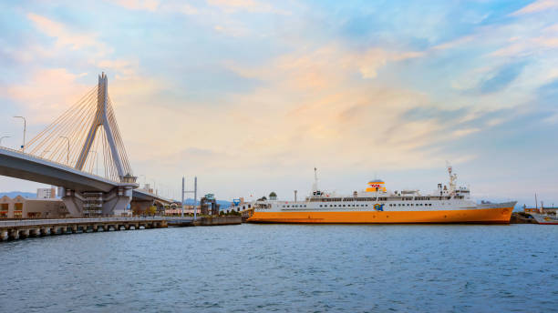 Hakkoda-Maru memorial ship at Aomori City in japan Aomori, Japan - April 23 2018: Hakkoda-Maru built in 1964, was a transport ship that carried trains from Aomori to Hakodate, now it's transformed into a memorial ship permanently docked at Aomori City hakkoda mountain range stock pictures, royalty-free photos & images