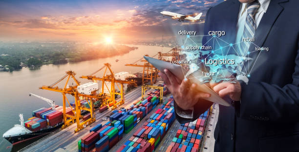istock World map with logistic network distribution on background. Logistic and transport concept in front Logistics Industrial Container Cargo freight ship for Concept of fast or instant shipping, Online goods orders worldwide 1144933988
