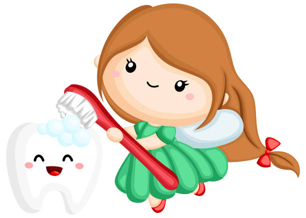 ilustrações, clipart, desenhos animados e ícones de dente de escovação do fairy de dente - human teeth fairy cartoon toothbrush