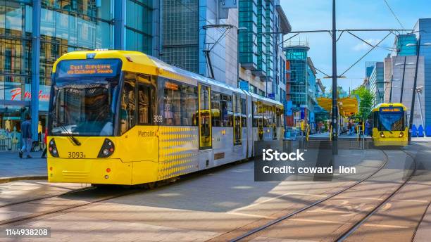 Light Rail Metrolink Tram In Manchester In Uk Stock Photo - Download Image Now - Manchester - England, Cable Car, Transportation