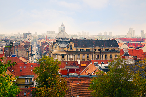 City view with rooftops, architecture and street. Zagreb, Croatia