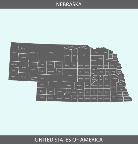 Nebraska map with counties The map is accurately prepared by a map expert. kearney county stock illustrations