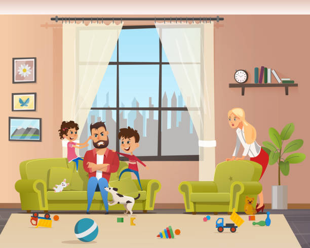 화난 젊은 아버지는 장난 꾸 러 기 아이 후 봐 - people living room mother son stock illustrations