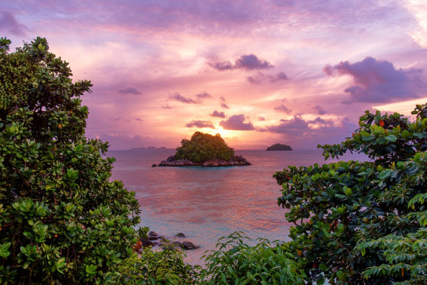 熱帯の島の美しい日の出, コーリペ, タイ - サトゥーン県 ストックフォトと画像