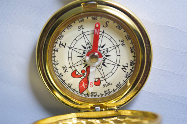 istock Close up magnetic golden compass isolated on white background. 1144948567