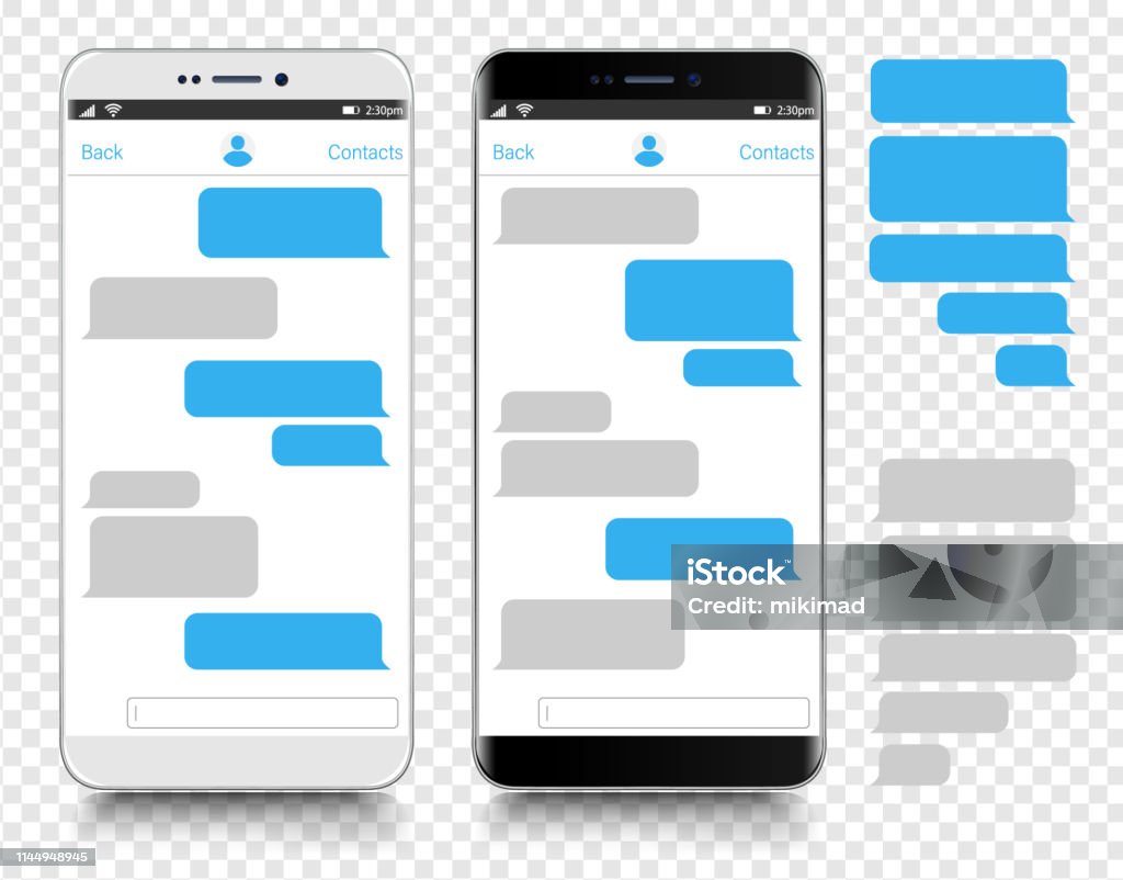 テキスト メッセージング。スマートフォン、携帯電話テンプレートリアルベクトルイラスト。吹き出し。議論 - テキストメッセージのロイヤリティフリーベクトルアート