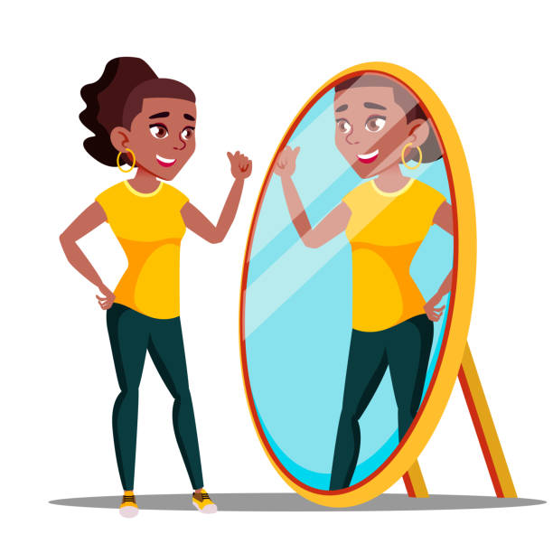 Character Woman Watch Mirror And Admires Vector Character Woman Watch Mirror And Admires Vector. Narcissistic Girl Speaking With Reflection In Mirror, Self-confidence. Motivation Egotistical Concept. Isolated Flat Cartoon Illustration cocky funny stock illustrations