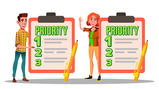 Characters Have Priority List Task To Do Vector. Personal Priority Schedule Items Work Planner Of Happy Man And Woman. Clipboard With Checklist And Pens On Image. Flat Cartoon Illustration
