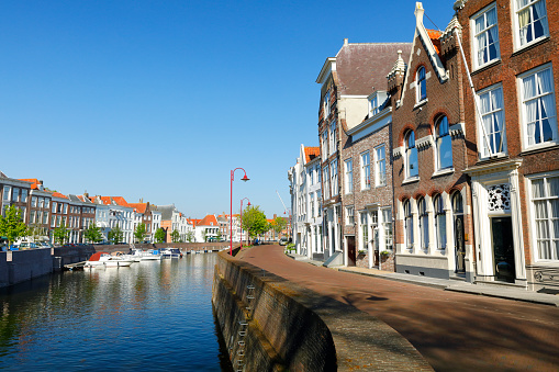 Medieval buildings along a canal in Middelburg, Zeeland, Netherlands.