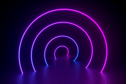 Neon spiral lying on shiny black surface 3d illustration