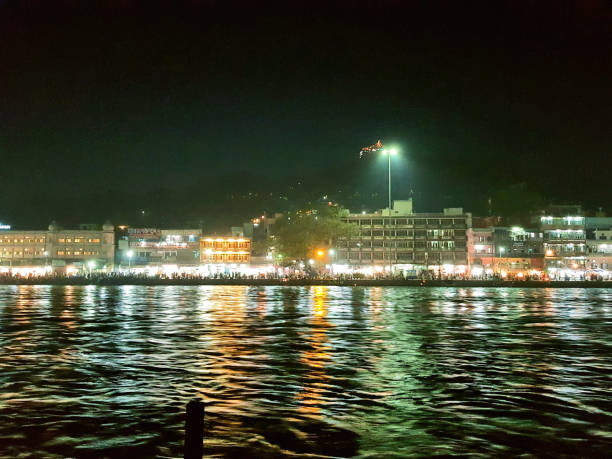 istock Night panoramic view of river Ganga in Haridwar 1144952070