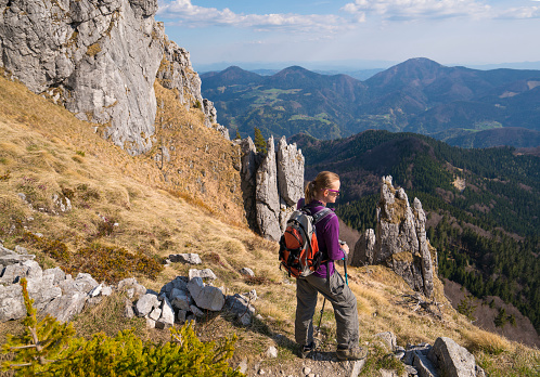 Back view of senior woman enjoying beautiful view from the slope of Ratitovec, mountain in Julian Alps, Slovenia,