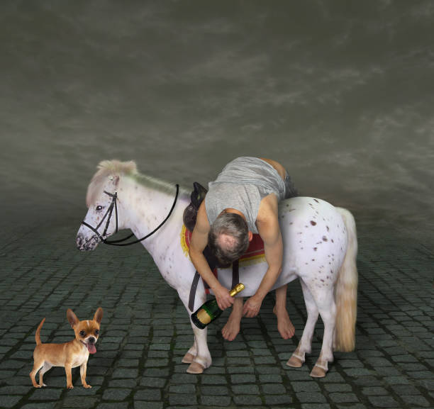 istock Drunk man on a pony and his dog 2 1144955038