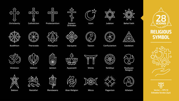 Religious symbol editable stroke outline icon set on a black bacjground with christian cross, islam crescent and star, judaism star of david, buddhism wheel of dharma religion line sign. Religious symbol editable stroke outline icon set on a black bacjground with christian cross, islam crescent and star, judaism star of david, buddhism wheel of dharma religion line sign. dharmachakra stock illustrations