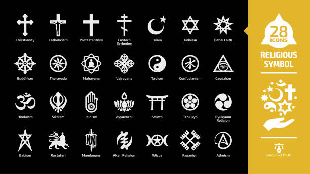 religiöses symbol glypymbol auf einem schwarzen hintergrund mit christlichem kreuz, islam halbmond und stern, judaismus-star des davids, buddhima-rad der dharma-religion silhouette zeichen. - caodaism stock-grafiken, -clipart, -cartoons und -symbole