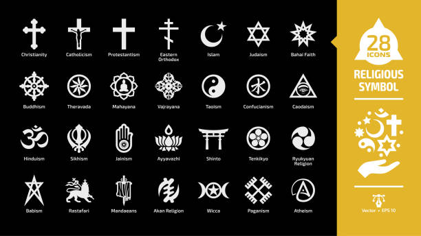 Religious symbol glyph icon set on a black background with christian cross, islam crescent and star, judaism star of david, buddhism wheel of dharma religion silhouette sign. Religious symbol glyph icon set on a black background with christian cross, islam crescent and star, judaism star of david, buddhism wheel of dharma religion silhouette sign. dharmachakra stock illustrations