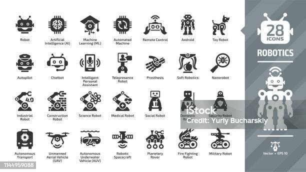 Robotics Industry Glyph Icon Set With Robot And Bot Technology Artificial Intelligence Ai Machine Learning Ml Automated And Remote Control Smart Chip Android Toy And More Tech Symbols Stock Illustration - Download Image Now