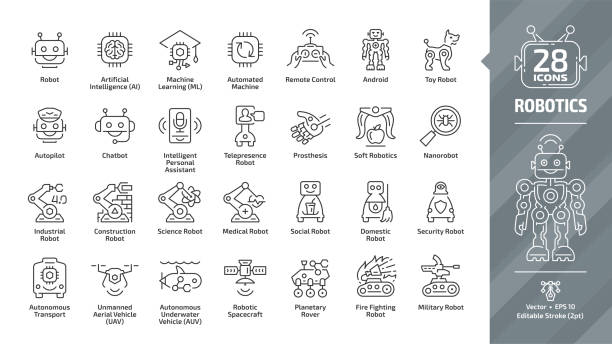 Robotics industry editable stroke outline icon set with industrial, construction, science, medical social, domestic, security, military, fire fighting robot and more tech line symbols. Robotics industry editable stroke outline icon set with industrial, construction, science, medical social, domestic, security, military, fire fighting robot and more tech line symbols. medical technology stock illustrations
