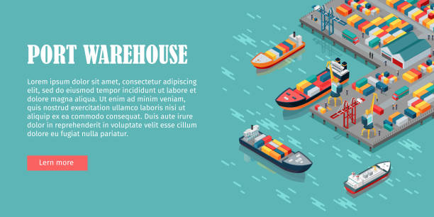 Cargo Port Illustration in Isometric Projection Warehouse port vector conceptual web banner. Isometric projection. Ships with containers on the berth at the port, cranes, workers. cars, hangars ashore. For transport, delivery company landing page clothes hanger storage stock illustrations