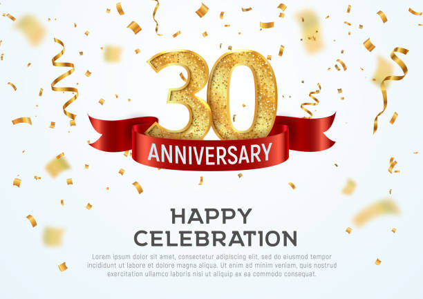 30 years anniversary vector banner template. Thirty years jubilee with red ribbon and confetti on white background 30 years anniversary vector banner template Thirty year jubilee with red ribbon and confetti on white background 30th anniversary stock illustrations