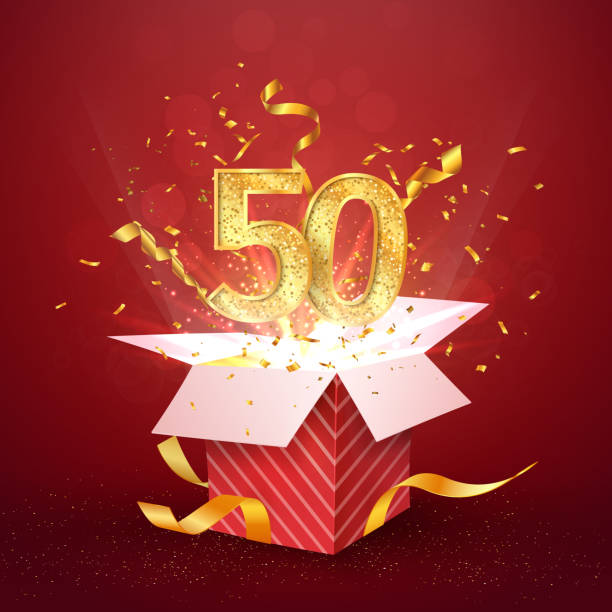 50 th years number anniversary and open gift box with explosions confetti isolated design element. Template fifty fiftieth birthday celebration on red background vector Illustration. 50th years number anniversary and open gift box with explosions confetti isolated design element Template fifty fiftieth birthday celebration on red background vector Illustration fiftieth stock illustrations