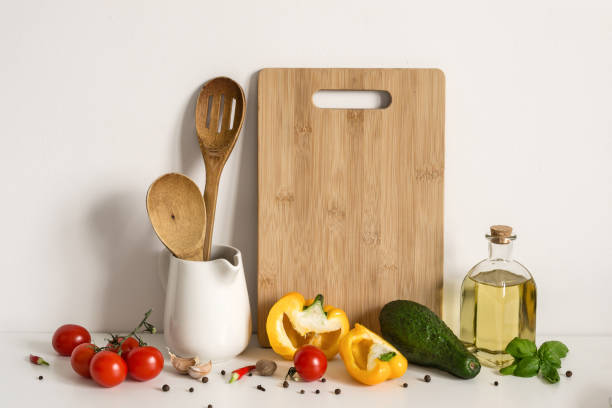 istock Kitchenware, vegetables and spices on table wall background. Recipe Template mockup 1144963586