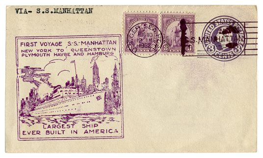 The United states of America  - 10 Aug 1932: US historical envelope: cover with cachet first voyage S.S.  Manhattan and thee postage stamp 10th Olympiad Los Angeles,  George Washington, postal cancellation