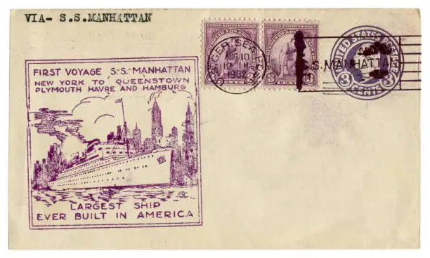 Photo of The United states of America  - 10 Aug 1932: US historical envelope: cover with cachet first voyage S.S.  Manhattan and thee postage stamp 10th Olympiad Los Angeles,  George Washington, postal cancellation