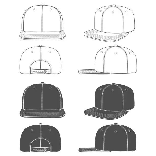 Vector illustration of Set of black and white images of a rapper cap with a flat visor, snapback. Isolated objects.