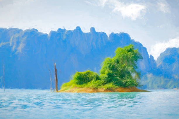 Khao Sok Lake National Park in Thailand. The lake is man made with a Dam and one end. The flooding of the valley has created an abundance of steep sided limestone islands. Heavily post processed to creat a painterly effect.