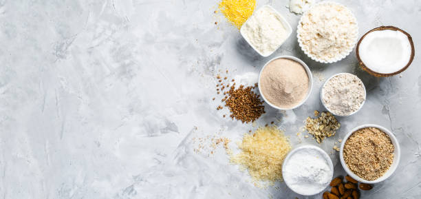 Gluten free concept - selection of alternative flours and ingredients stock photo