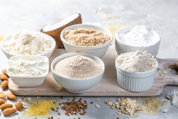 Gluten free concept - selection of alternative flours and ingredients stock photo