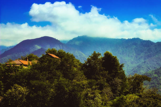 Mountain peaks landscape from a viewing platform close up with clouds, Batumi, Georgia.