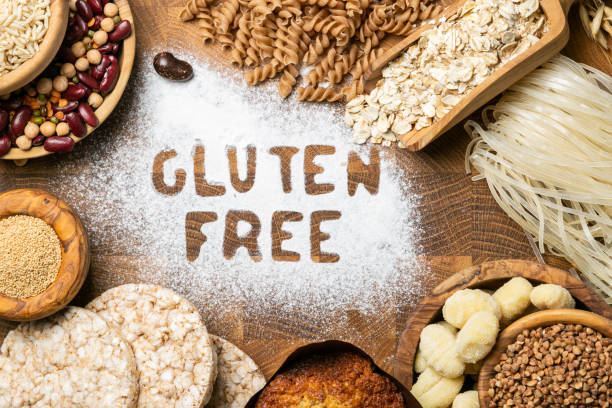 Gluten free diet concept - selection of grains and carbohydrates for people with gluten intolerance stock photo