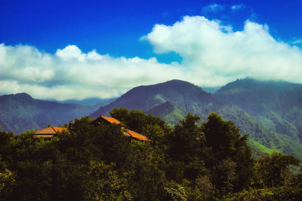 Mountain peaks landscape from a viewing platform close up with clouds, Batumi, Georgia.