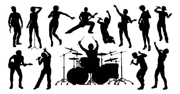 ilustrações de stock, clip art, desenhos animados e ícones de silhouettes rock or pop band musicians - microphone stage music popular music concert