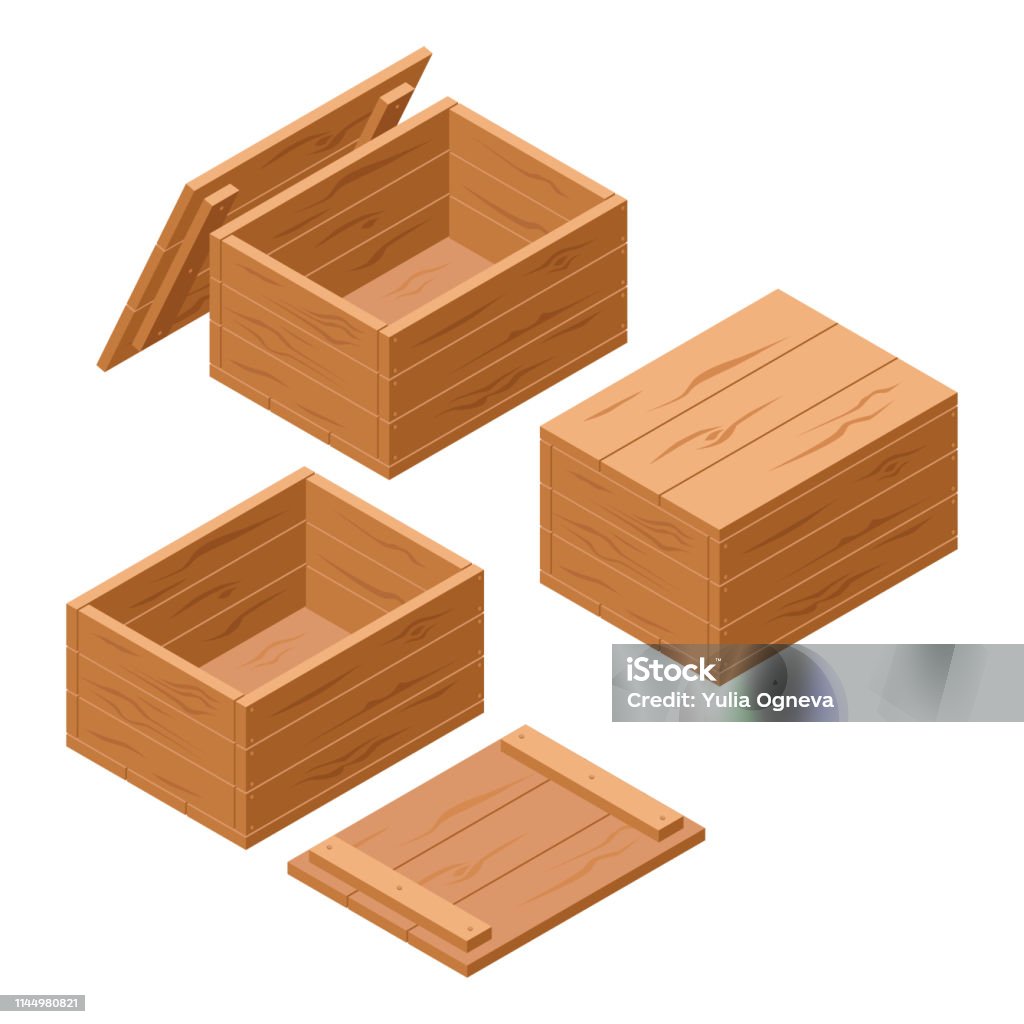 A Set Of Wooden Boxes With Lids Isolated On White Background Vector Cartoon  Closeup Illustration Isometric Style Stock Illustration - Download Image  Now - iStock