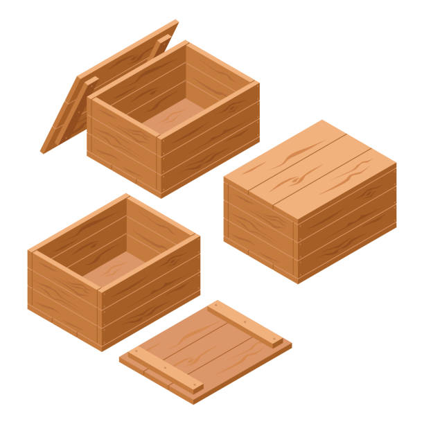 A set of wooden boxes with lids isolated on white background. Vector cartoon close-up illustration. Isometric style. Image for your design projects wood box stock illustrations