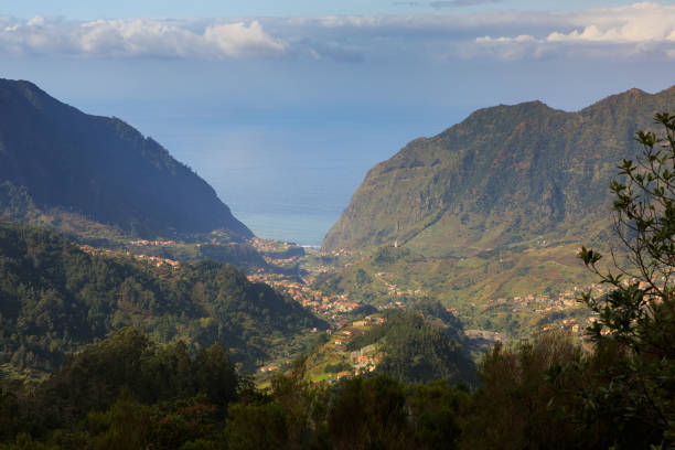 Beautiful view from the mountain down the valley of the town Sao Vicente on the island Madeira