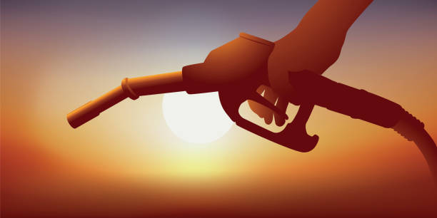 концепция нефтяного кризиса с рукой, держащей пистолет из дозатора топлива. - opec stock illustrations