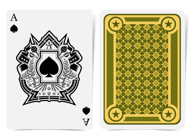istock Ace of spades face with heraldic element with vintage weapon and flags in center spades form and back with geometrical green pattern on suit. Vector card template 1144984176