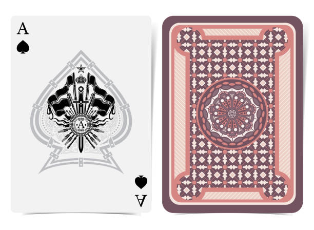 istock Ace of spades face with heraldic element with vintage weapon in center spades form and back with geometrical pattern on suit. Vector card template 1144984189