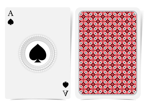 istock Ace of spades face with spades inside geometrical pattern round frame and back with red-black Ukrainian folk embroidery pattern on suit. Vector card template 1144984246