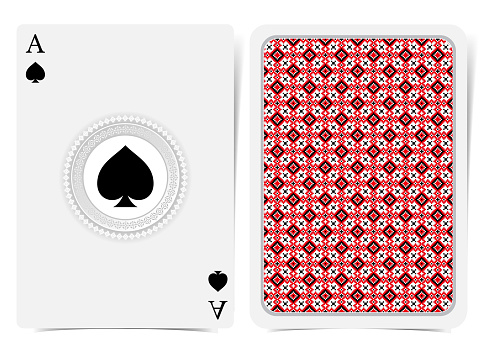 Ace of spades face with spades inside geometrical pattern round frame and back with red-black Ukrainian folk embroidery pattern on suit. Vector card template