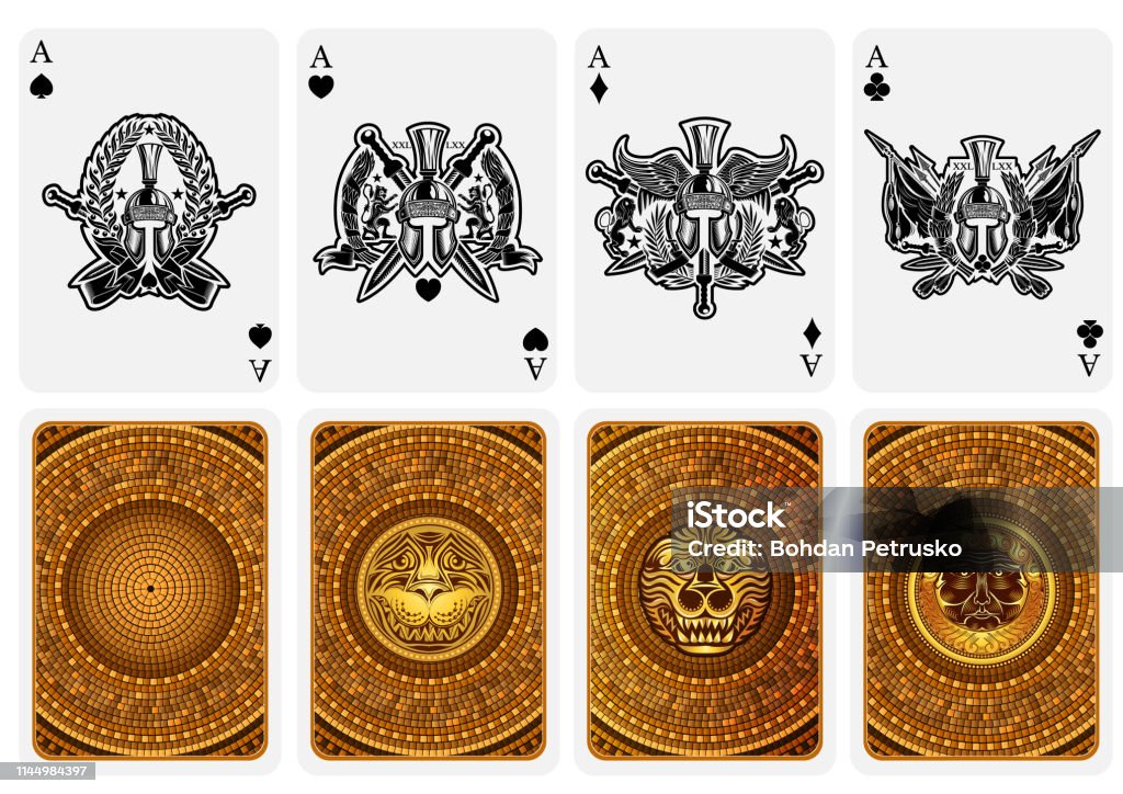 Best set from four card aces with different faces and backs in Greece style Lion - Feline stock vector