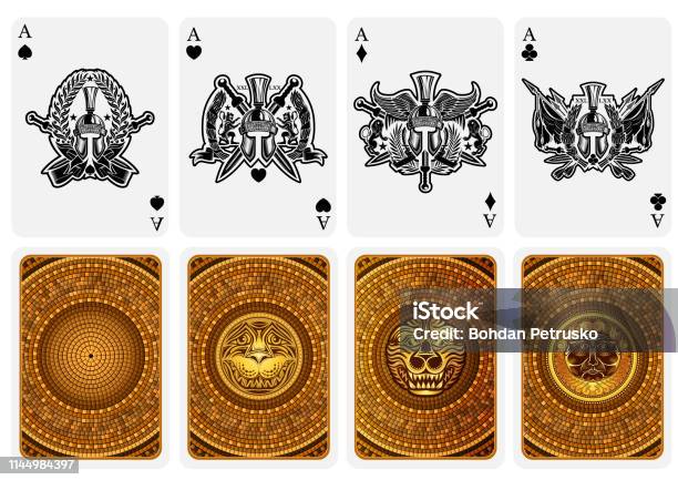 Best Set From Four Card Aces With Different Faces And Backs In Greece Style Stock Illustration - Download Image Now