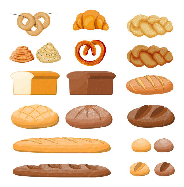 illustrazioni stock, clip art, cartoni animati e icone di tendenza di grande set di icone del pane. - bun bread cake dinner